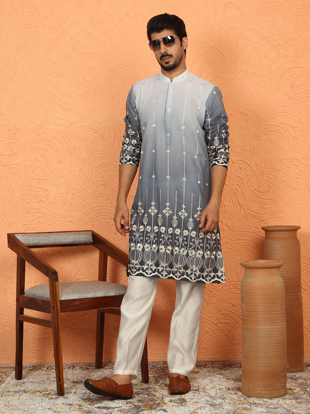 Cotton Silk Ombre Embroidered Daman Work Kurta with Cream Silk Trouser
