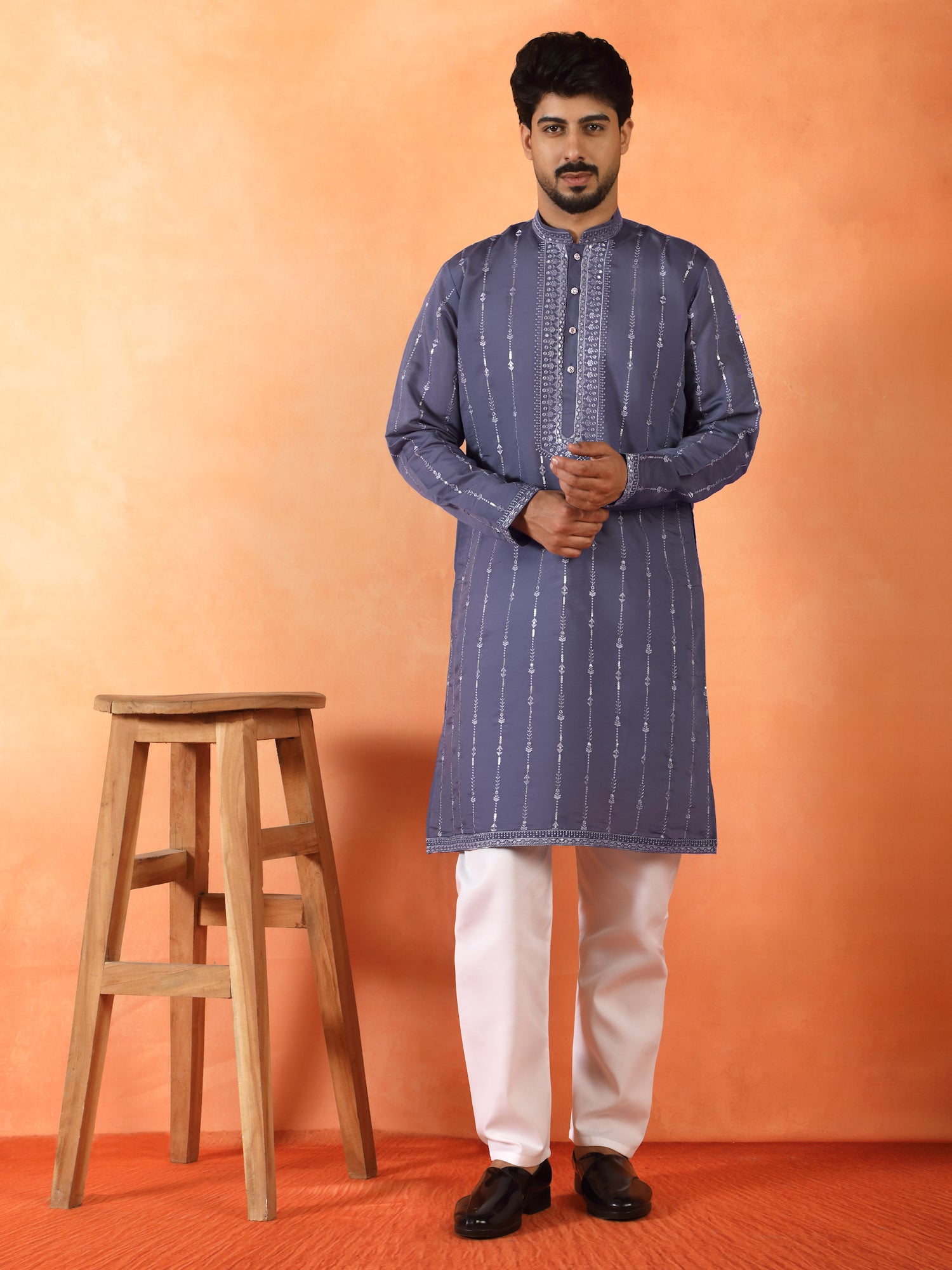 Men's Embroidered & Sequenced Designed Cotton Silk Straight Kurta With Pyjama Set