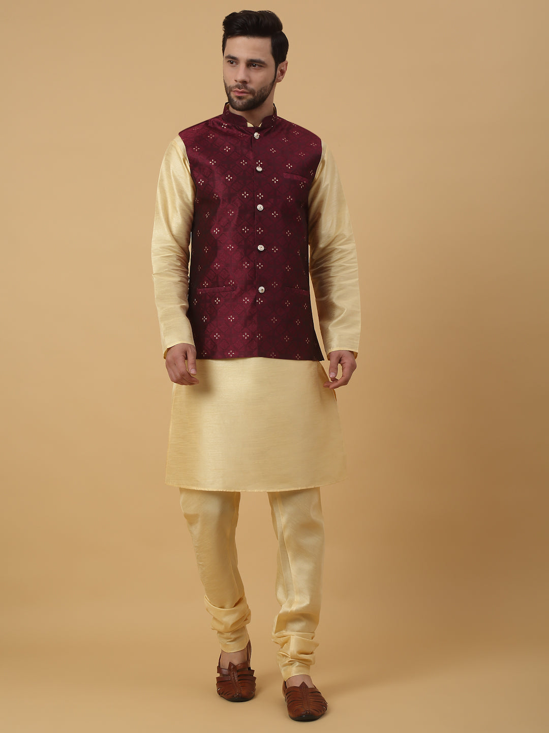 KRAFT INDIA Men's Silk Blend Beige Kurta, Churidar with Jacquard Silk Blend Floral Nehru Jacket Set