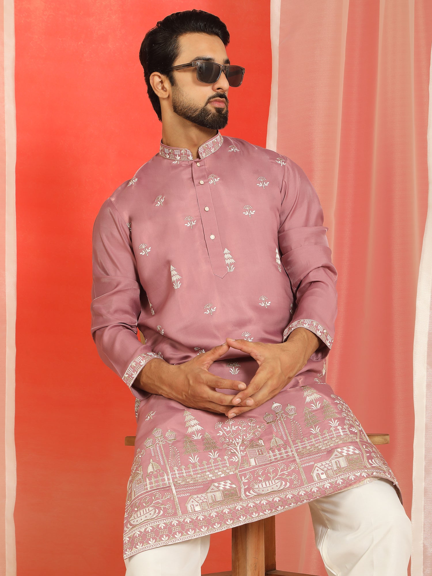 Men Cotton Silk Floral Embroidered Kurta