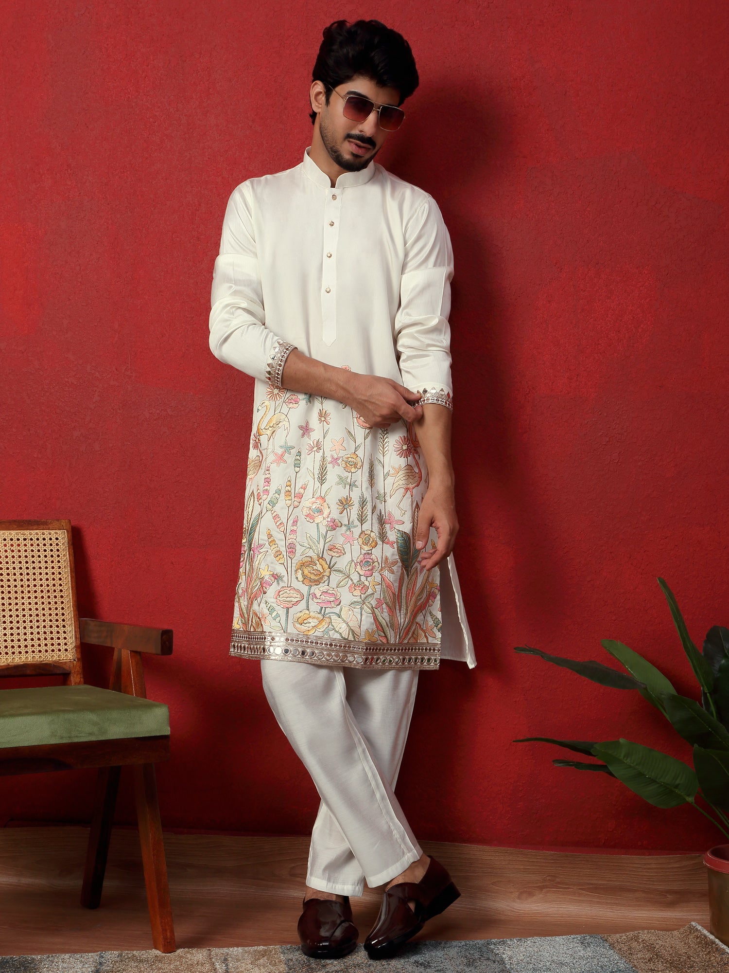 LUXE-Men's Cotton Silk Animal Floral Embroidered Mirror Work Kurta Trouser Pant Set