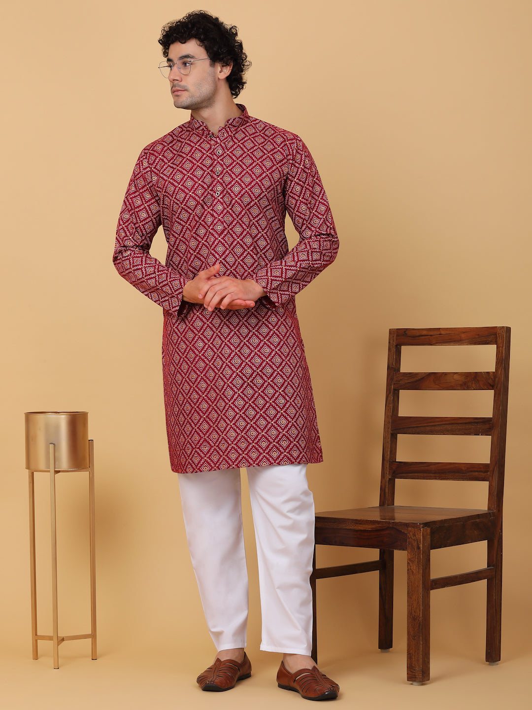 KRAFT INDIA Men Cotton Floral Gold Print Ethnic motif Knee Length Kurta With White Elastic Waistband Pyjama Set
