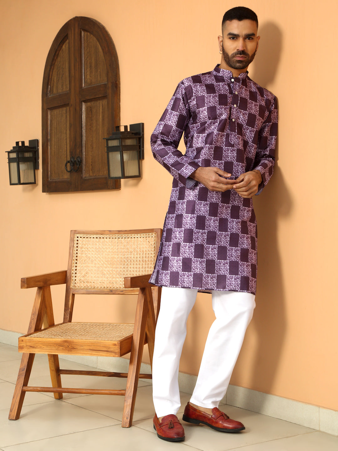Silk Blend Batik Printed Kurta with white Elastic waistband Pyjama set