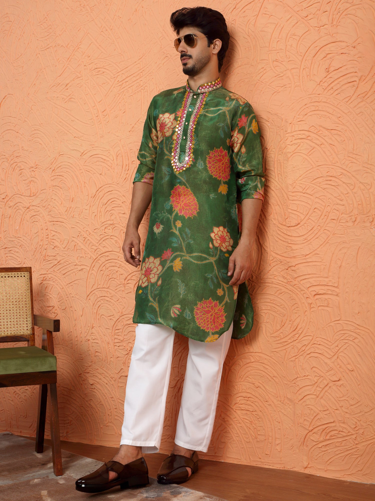 LUXE-Men's Silk Yoke Design Floral Mirror Work Kurta Trouser Pant Set