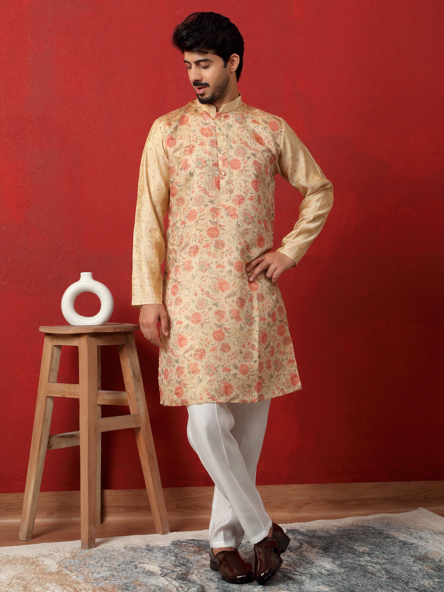 Men's Silk Floral Printed Straight Kurta