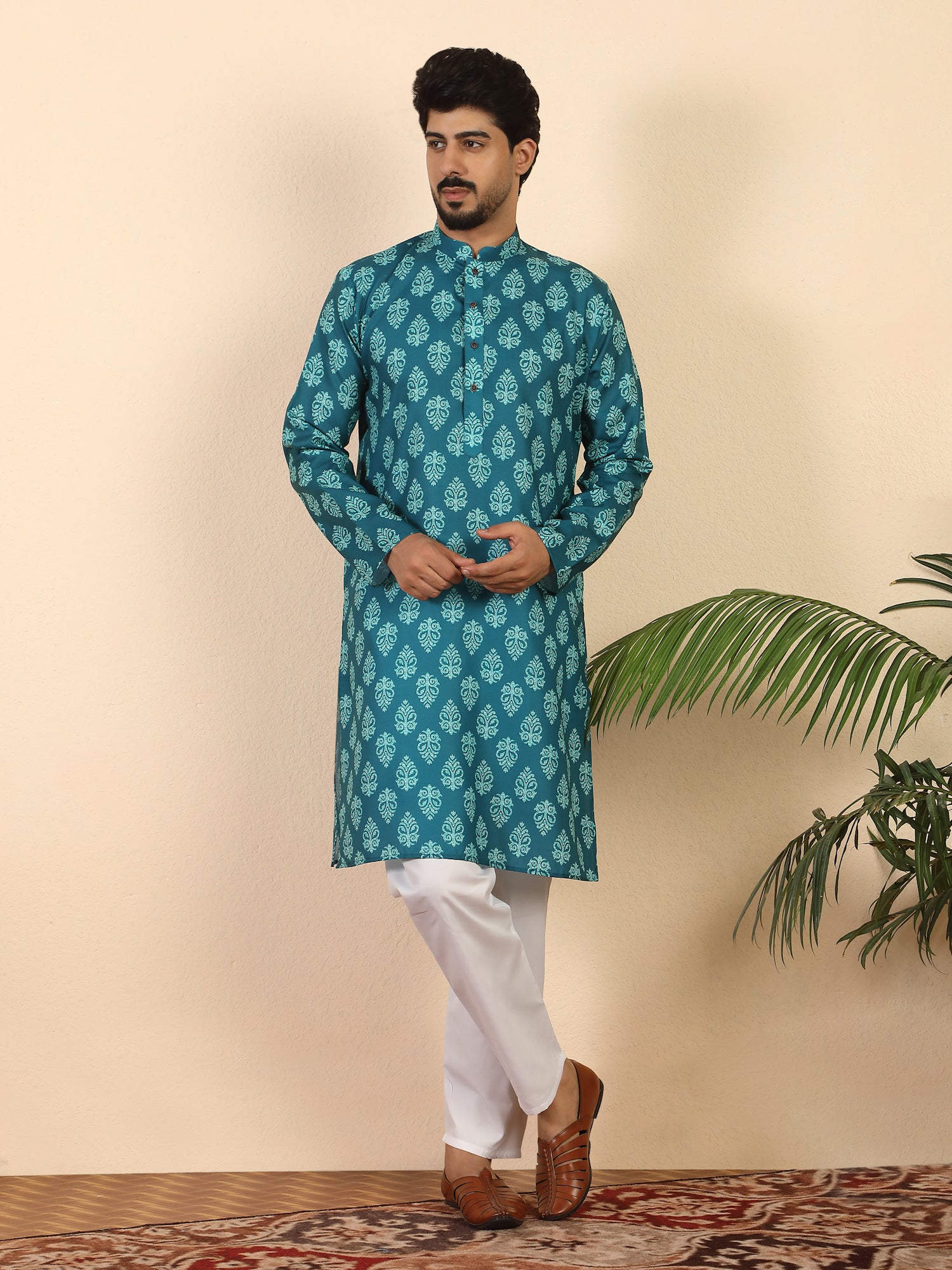 Men's Pure Cotton Jaipuri Print Blue Long Kurta with Mandarin Collar
