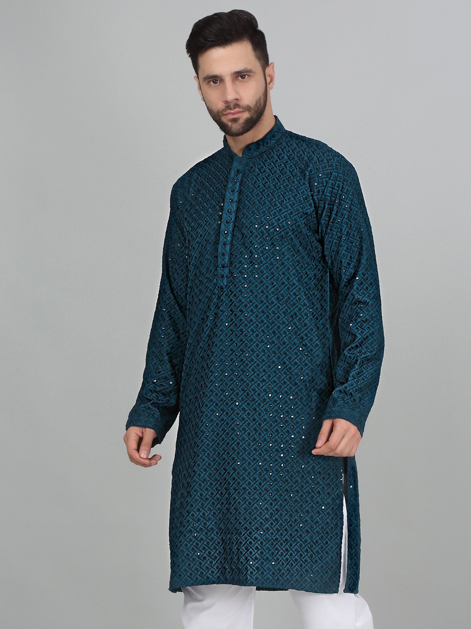 KRAFT INDIA Men's Linen Straight Floral Printed Kurta With Elastic Waistband Pyjama set