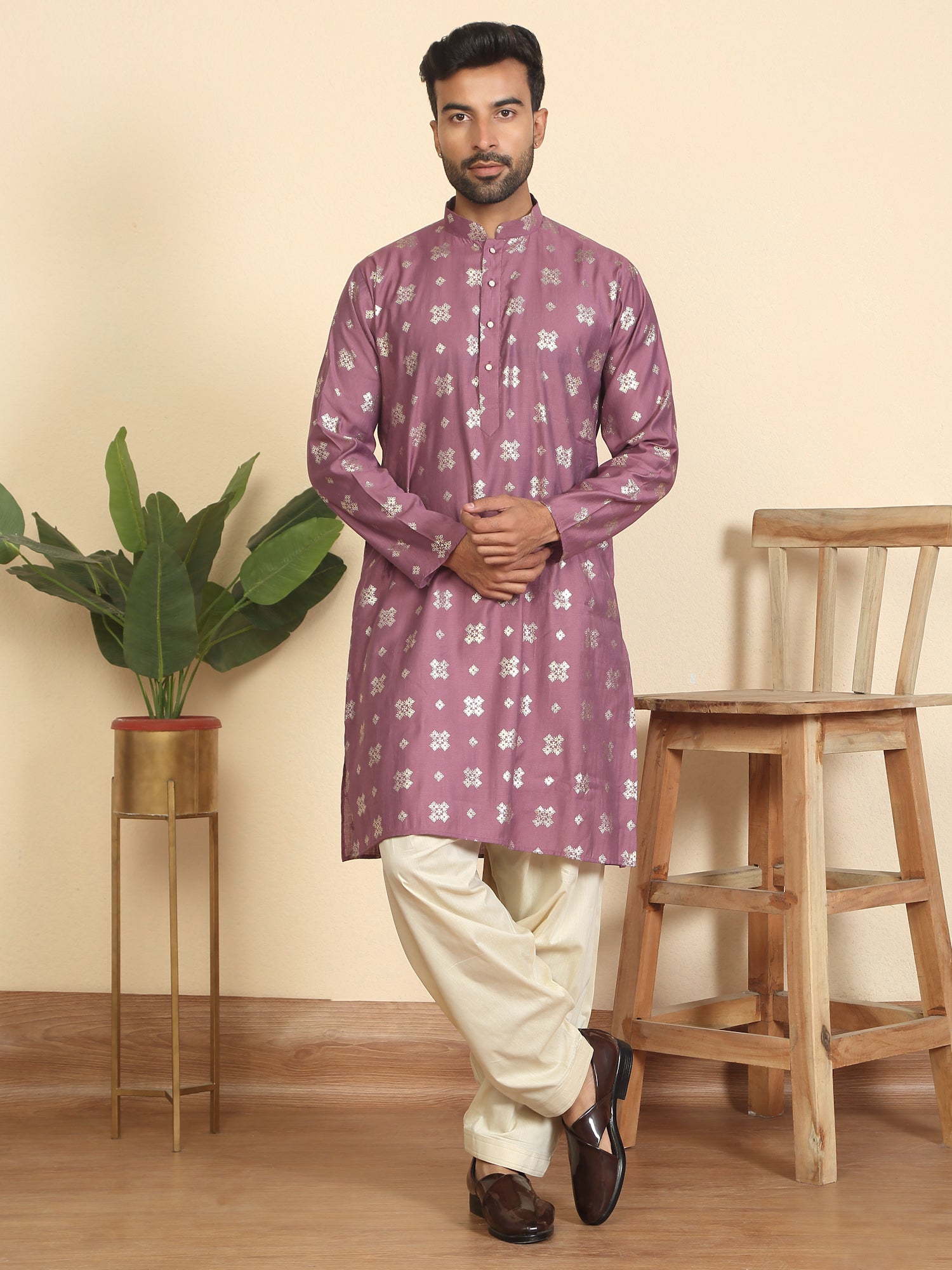 Men’s Cotton Silk Printed Mandarin Collar Kurta with Salwar
