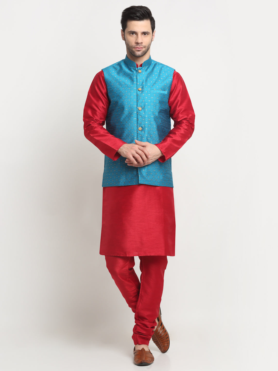 KRAFT INDIA Men's Silk Maroon Kurta Churidar With Polka Dotted Nehru Jacket Set