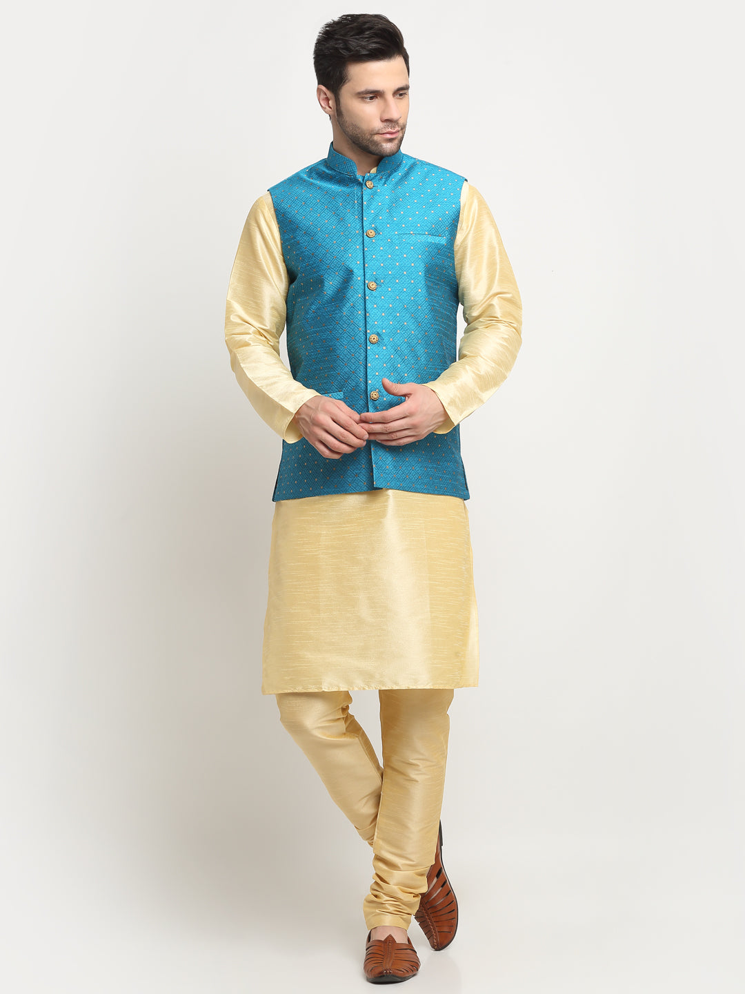 KRAFT INDIA Men's Silk Beige Kurta Churidar With Polka Dotted Nehru Jacket Set