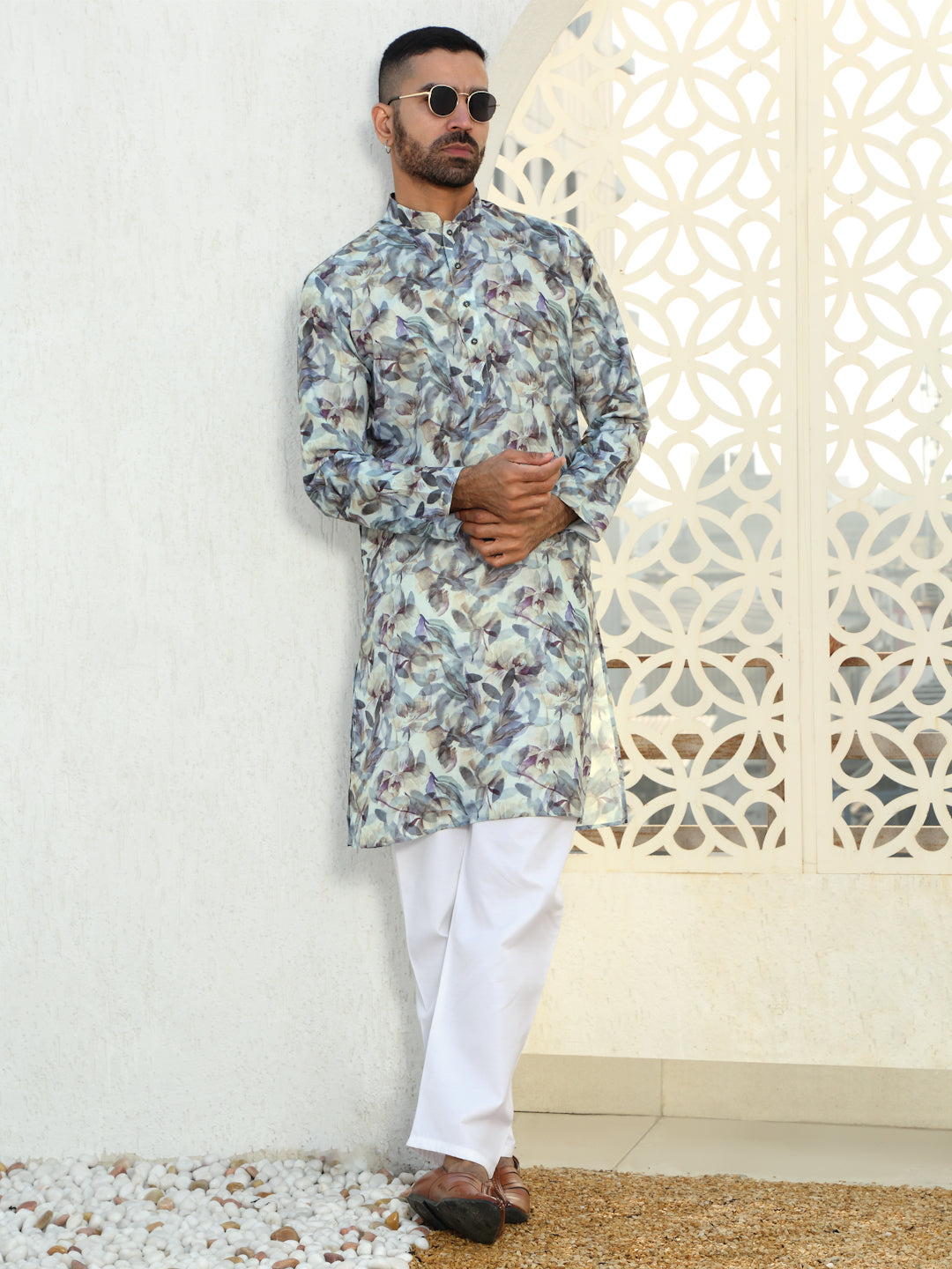 Cotton Leaf Printed Mandarin Collar Long Sleeves Kurta with white Elastic waistband Pyjama set