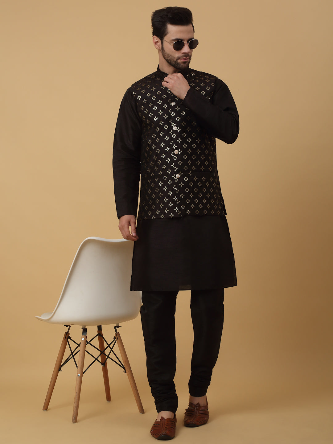 KRAFT INDIA Men's Silk Blend Black Kurta, Churidar with Cotton Silk Embroided Sequenced Nehru Jacket Set
