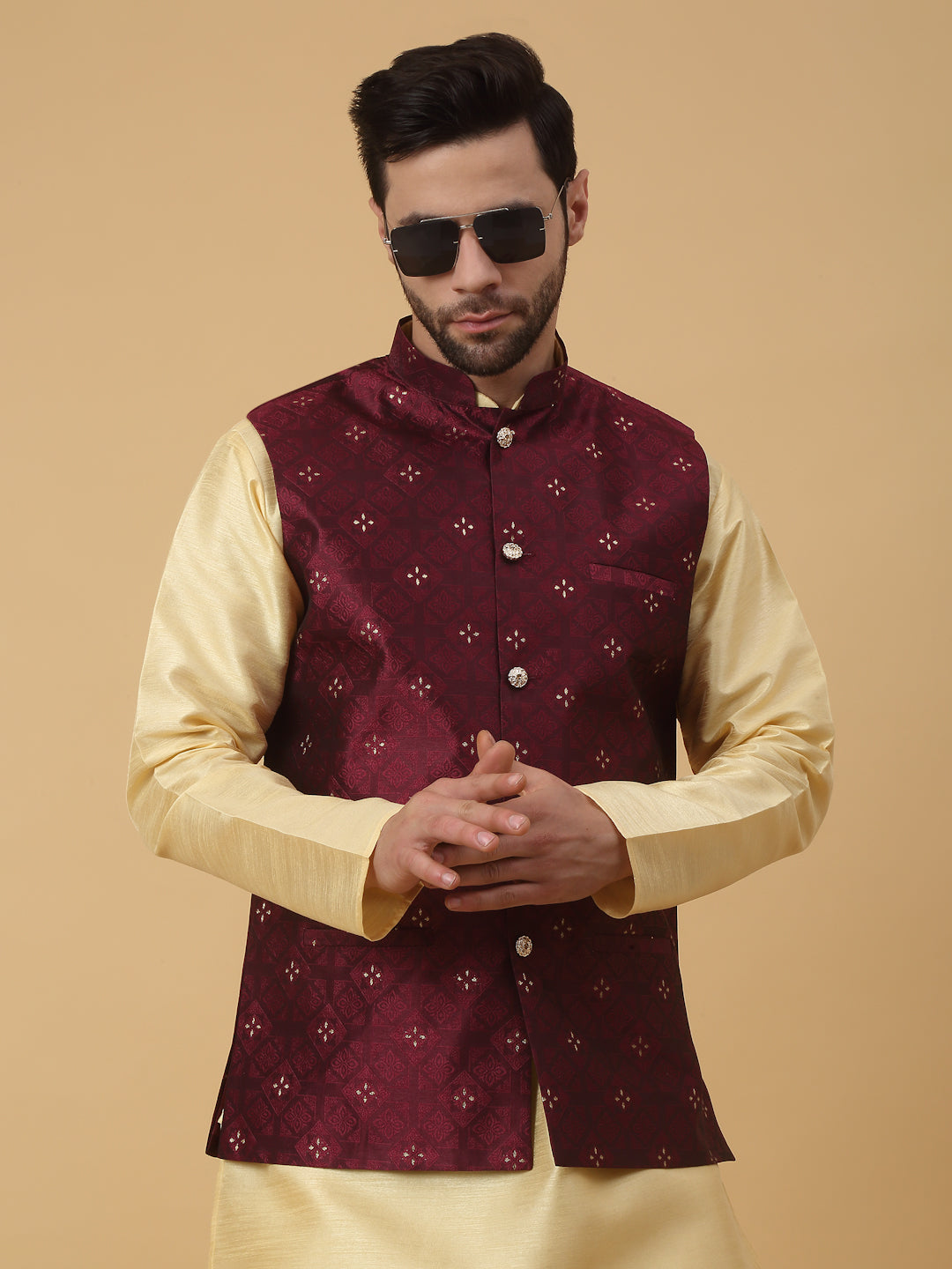 KRAFT INDIA Men's Silk Blend Jacquard Sleeveless Sequenced Nehru Jacket