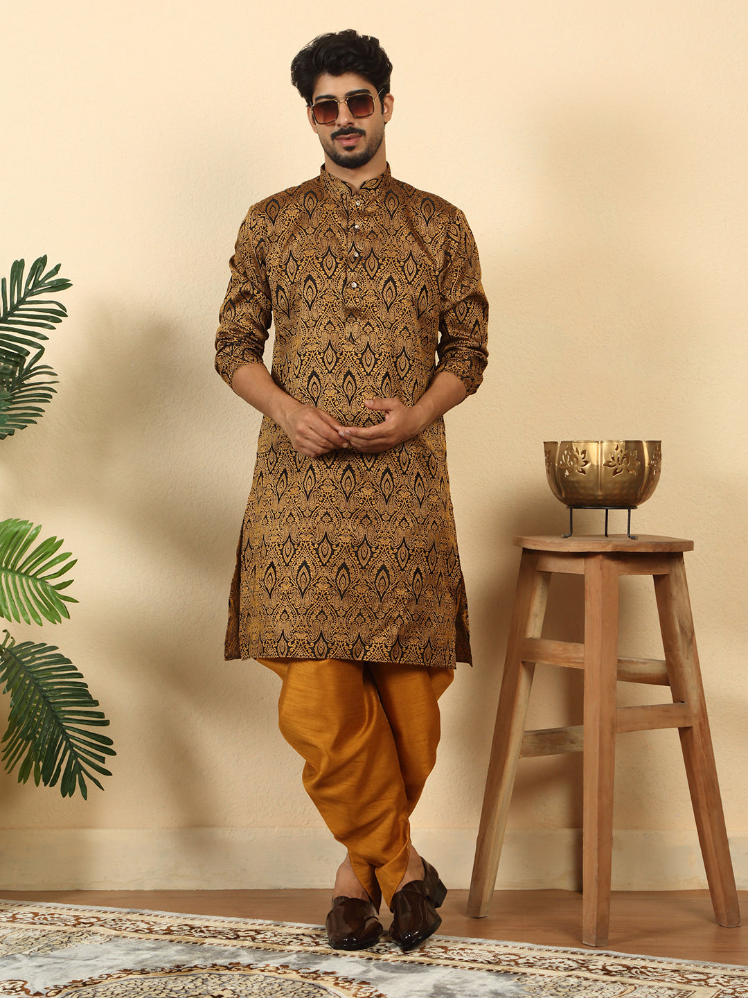Silk Blend Jacquard Paisley Kurta With Mustard Elastic Waistband Dhoti Set