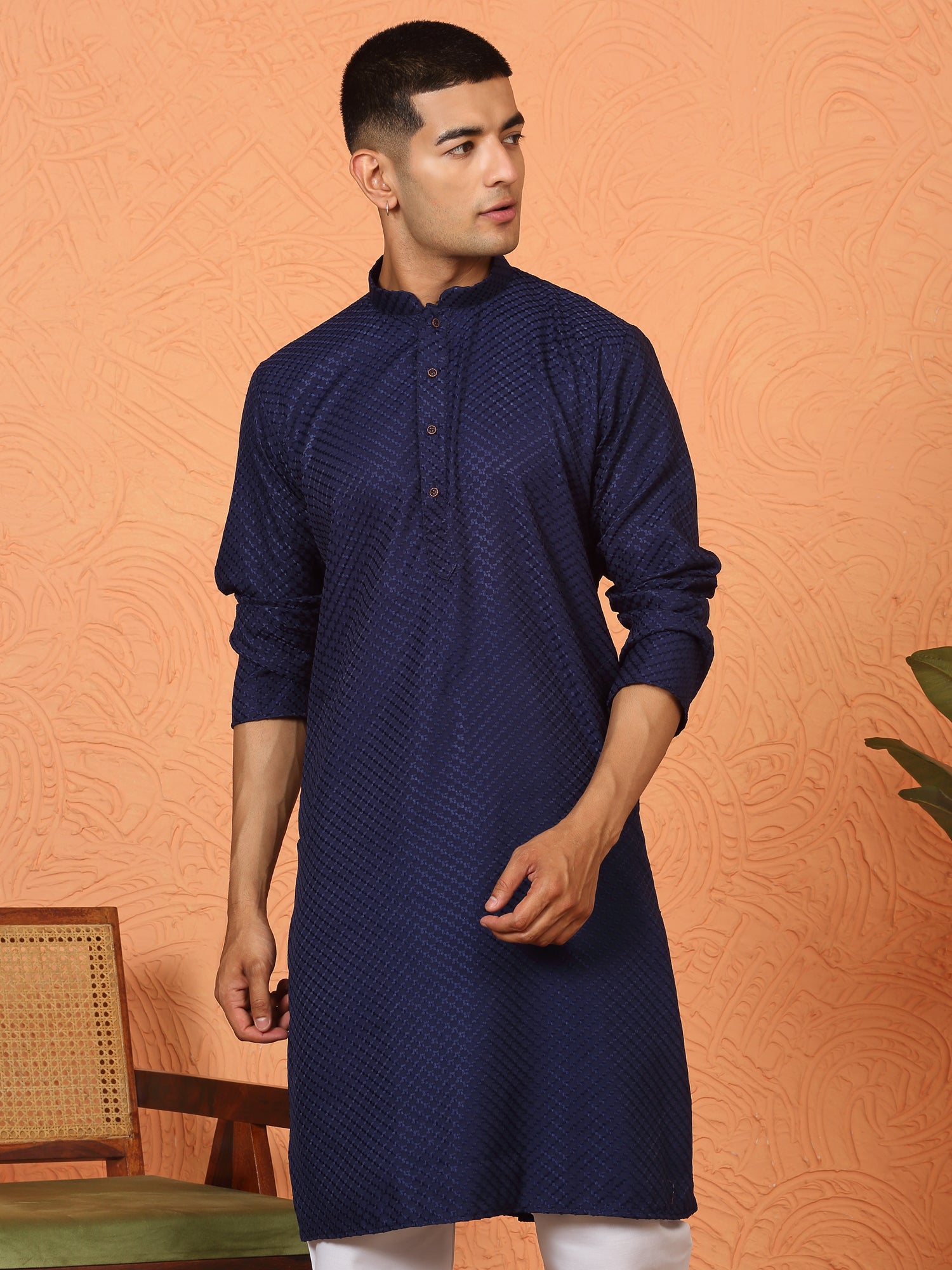 Men's Chikan Embroidered Cotton Rayon Long Kurta With White Pyjama