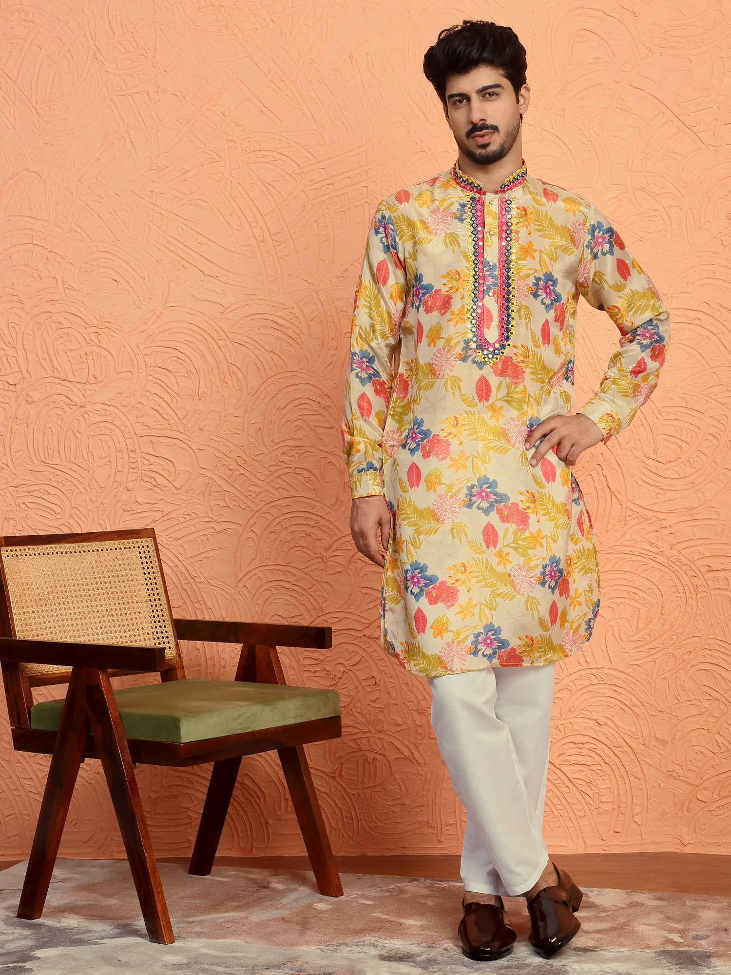 LUXE-Men's Silk Yoke Design Floral Mirror Work Kurta Trouser Pant Set