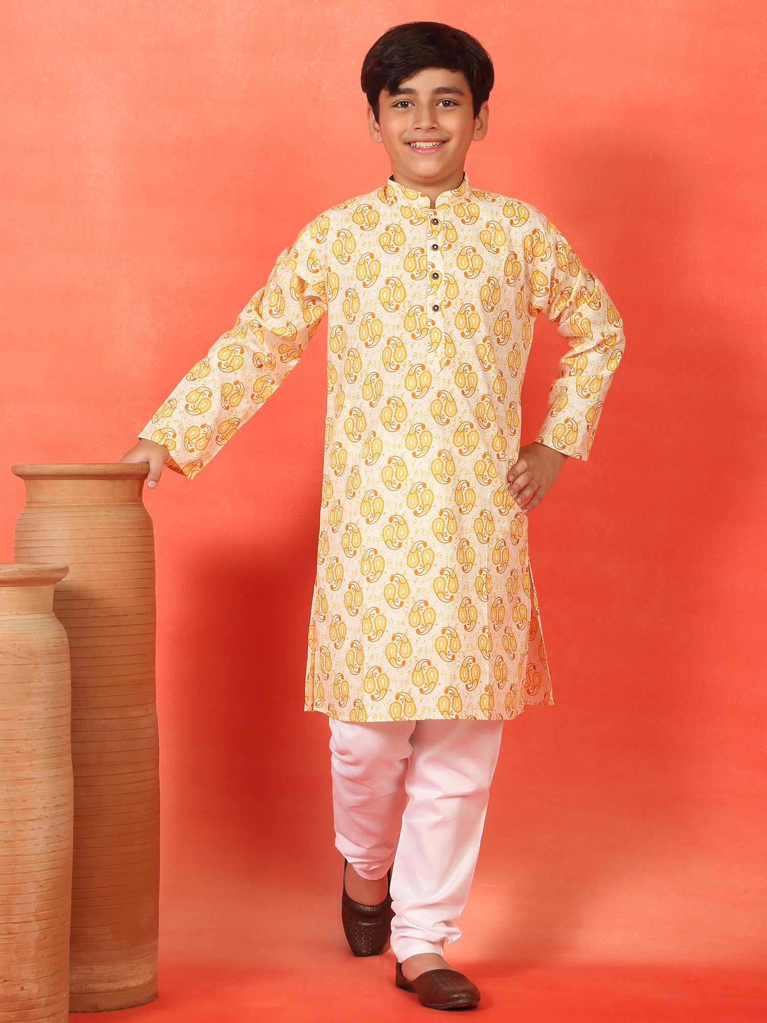 Kid's Yellow Paisley Printed Cotton Long Kurta With Mandarin Collar