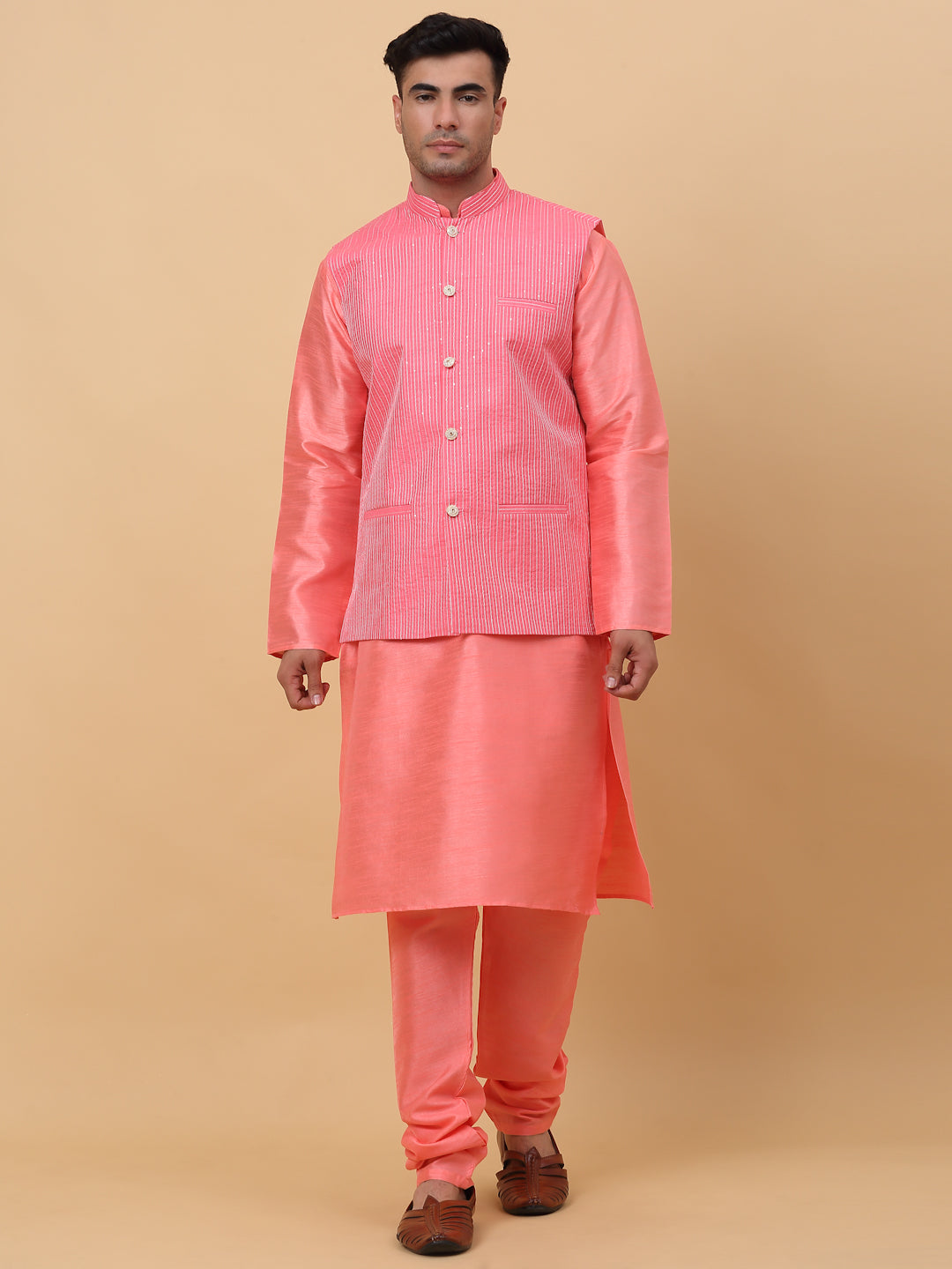 Men Pink Silk Blend Kurta, Churidar With Pink SIlk Striped Nehru Jacket