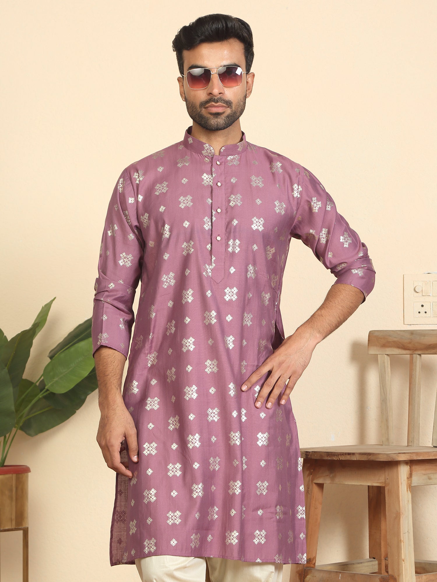 Men’s Cotton Silk Printed Mandarin Collar Kurta