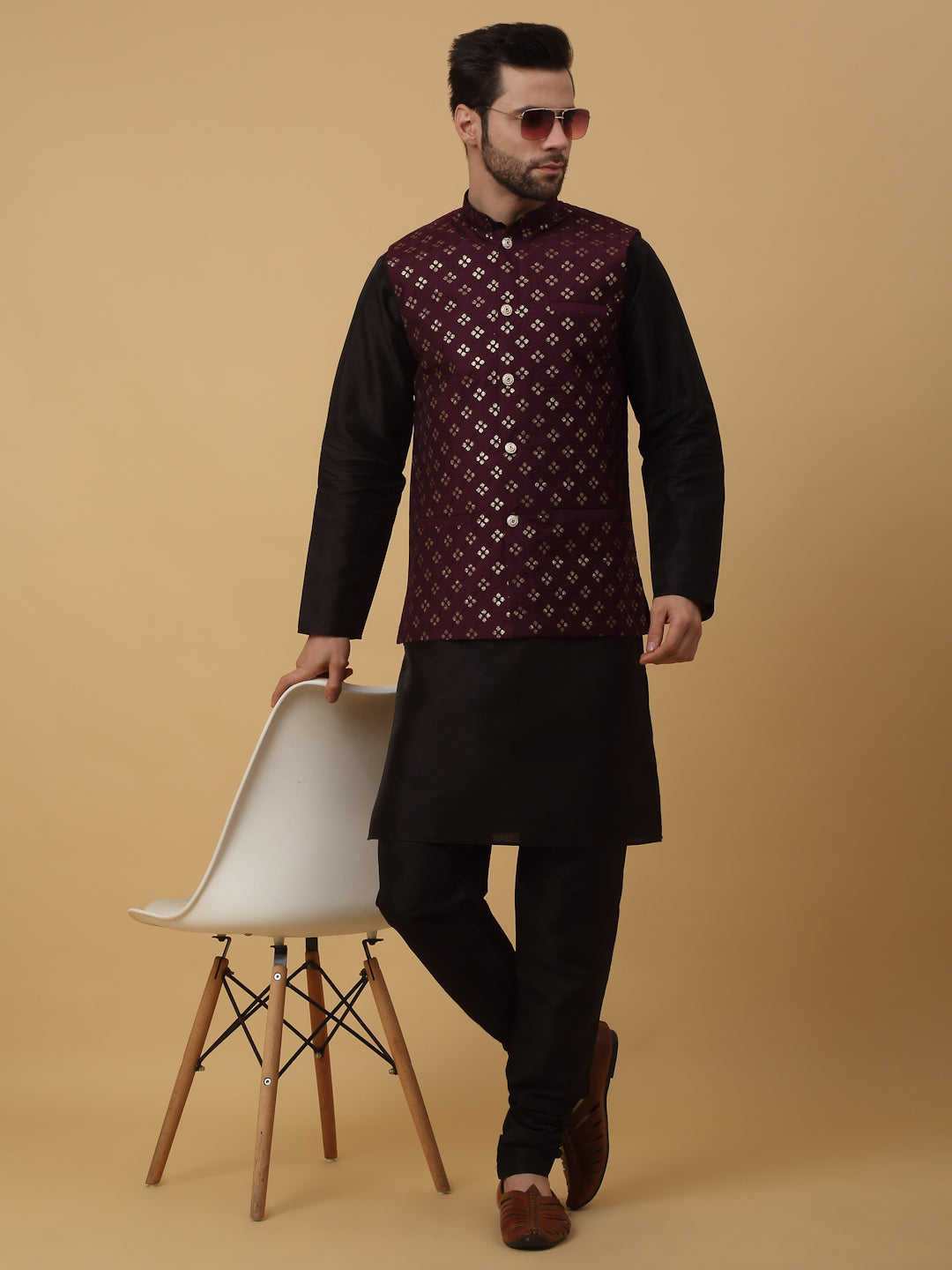 KRAFT INDIA Men's Silk Blend Black Kurta, Churidar with Cotton Silk Embroided Sequenced Nehru Jacket Set