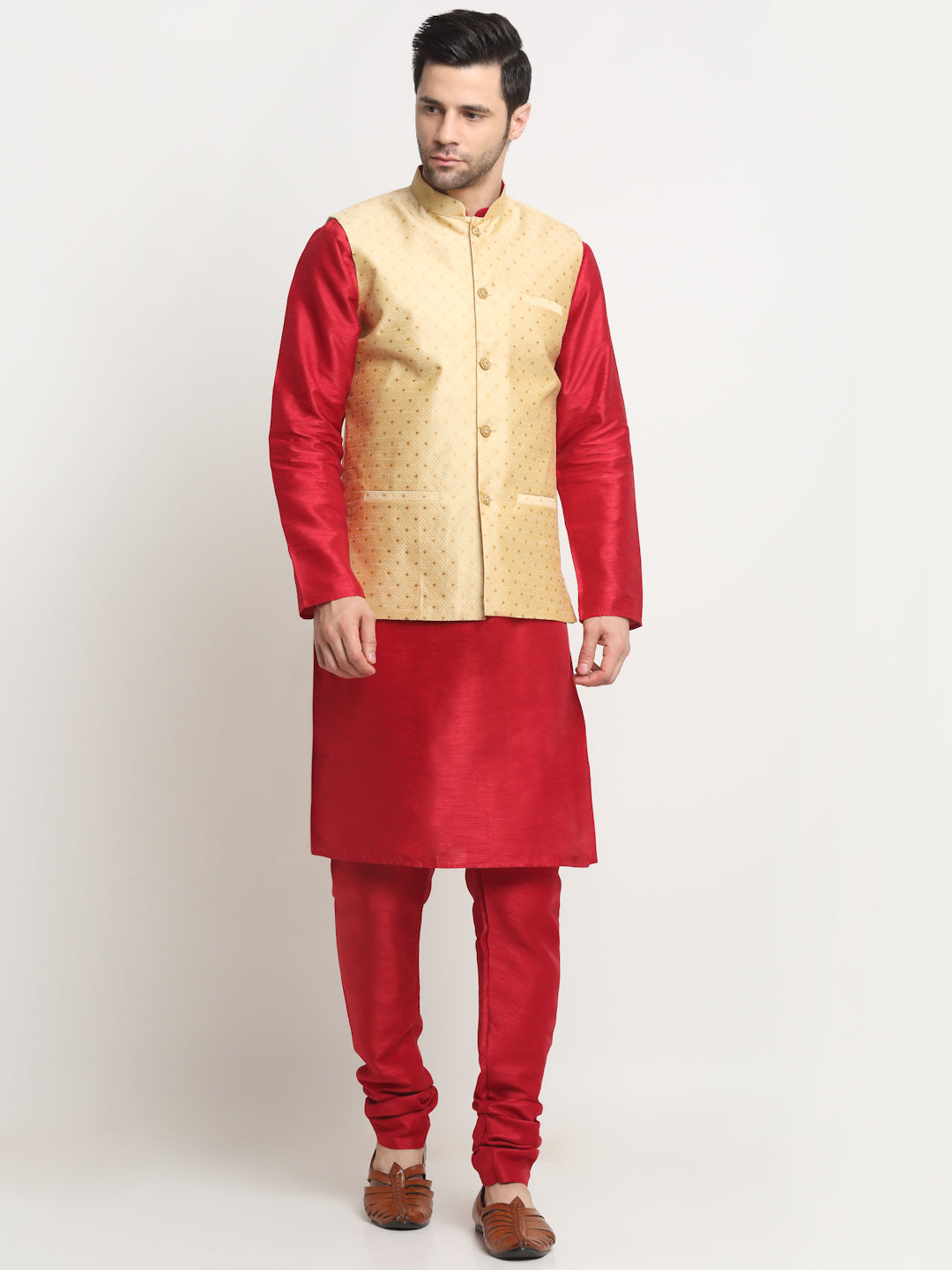 KRAFT INDIA Men's Silk Maroon Kurta Churidar With Polka Dotted Nehru Jacket Set