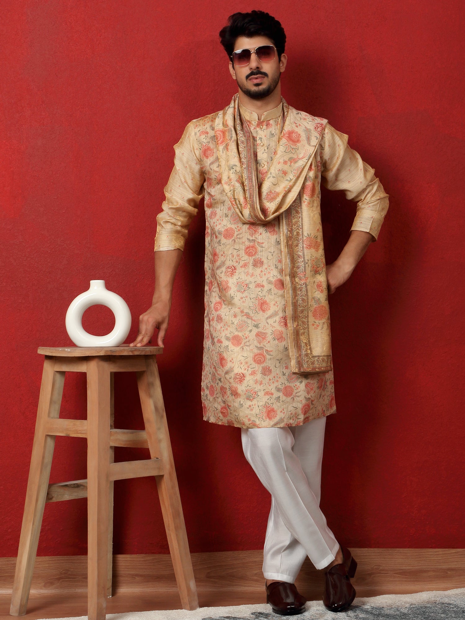 LUXE- Men's Silk Floral Printed Kurta Cream Trouser Pant Set With Matching Duppatta