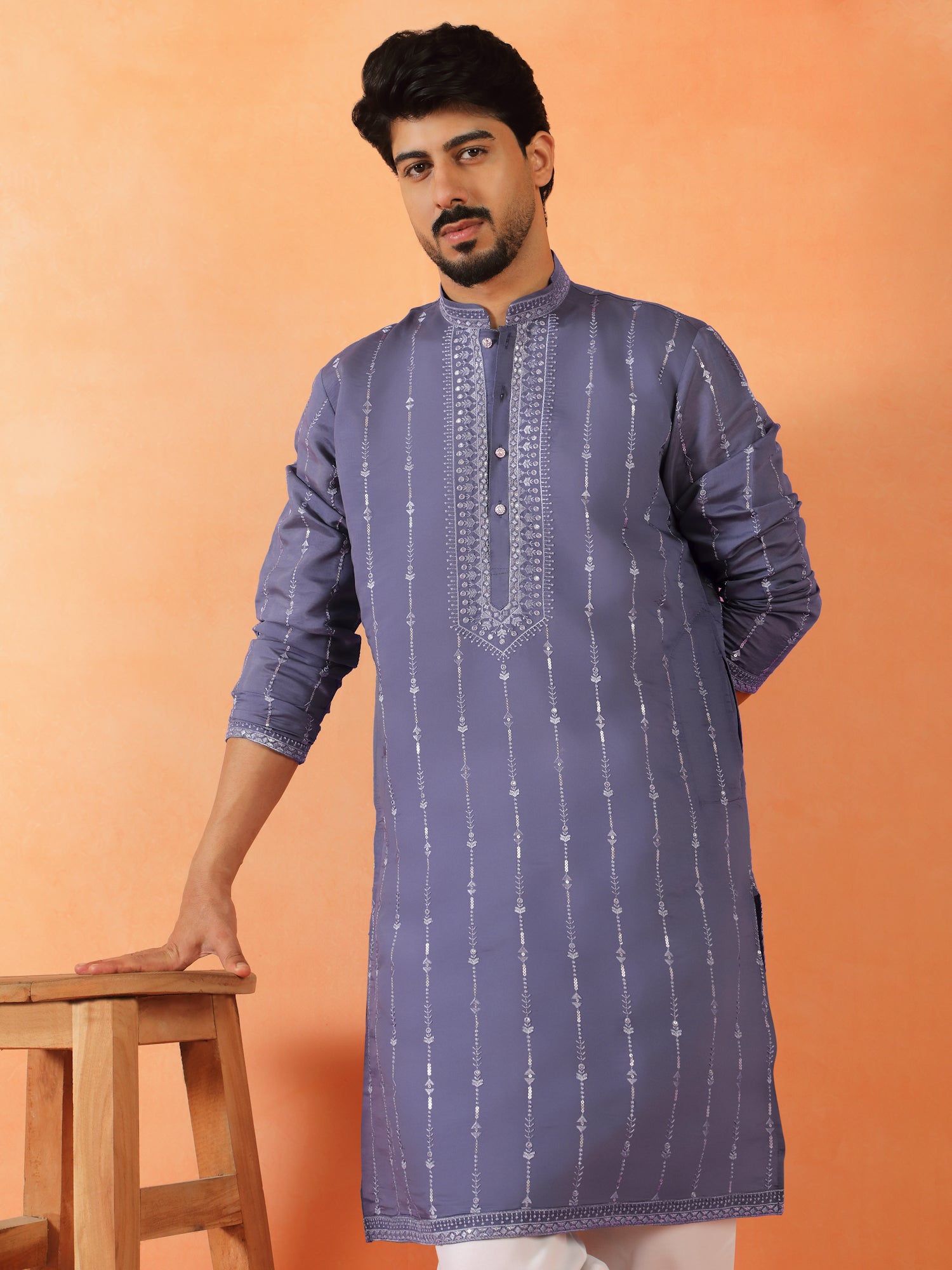 Men's Embroidered & Sequenced Cotton Silk Straight Long Kurta