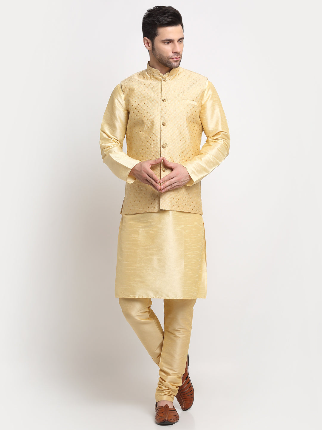KRAFT INDIA Men's Silk Beige Kurta Churidar With Polka Dotted Nehru Jacket Set