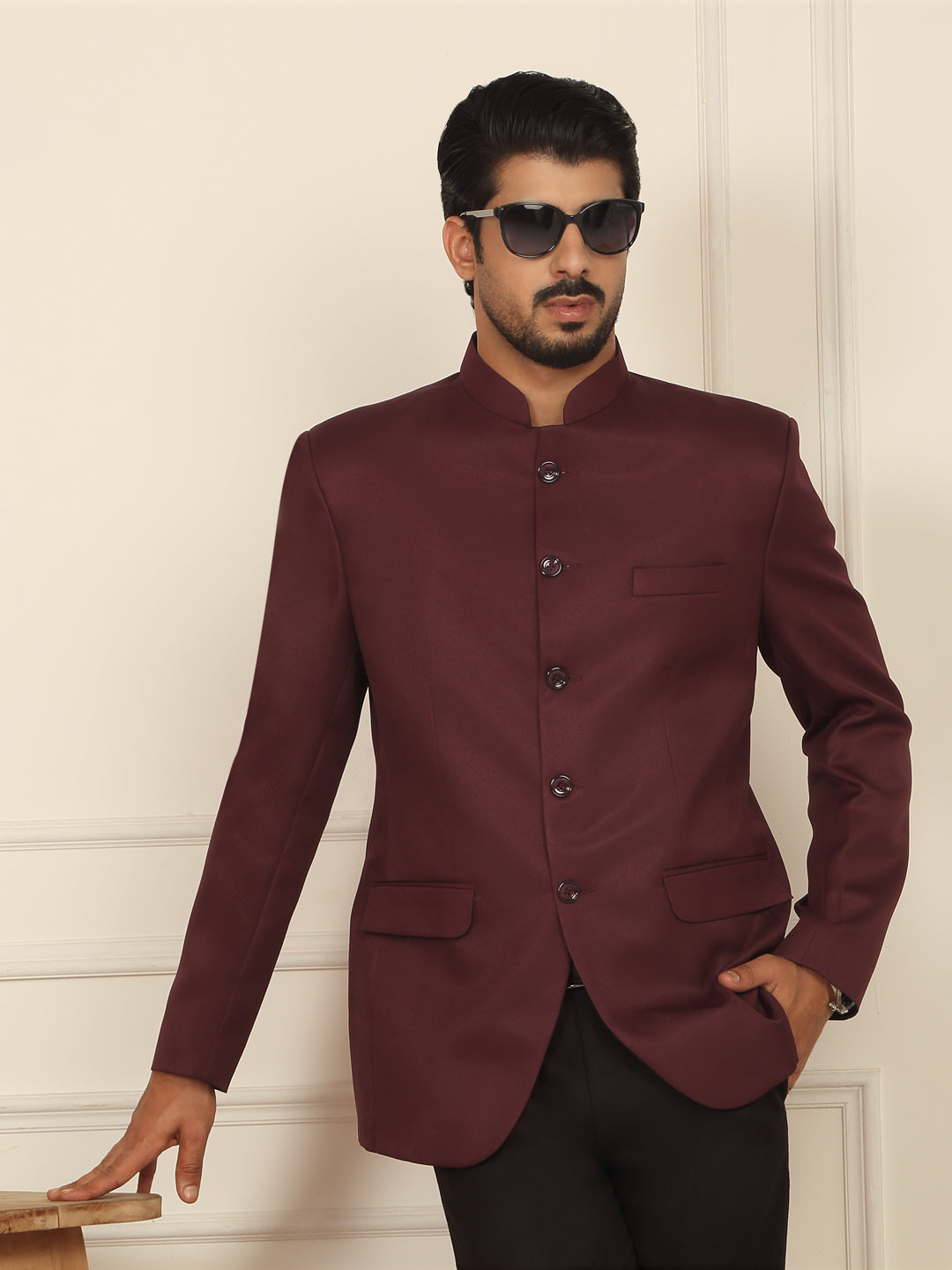 Men’s Solid Twill Bandhgala Coat with Mandarin Collar & Double Vent