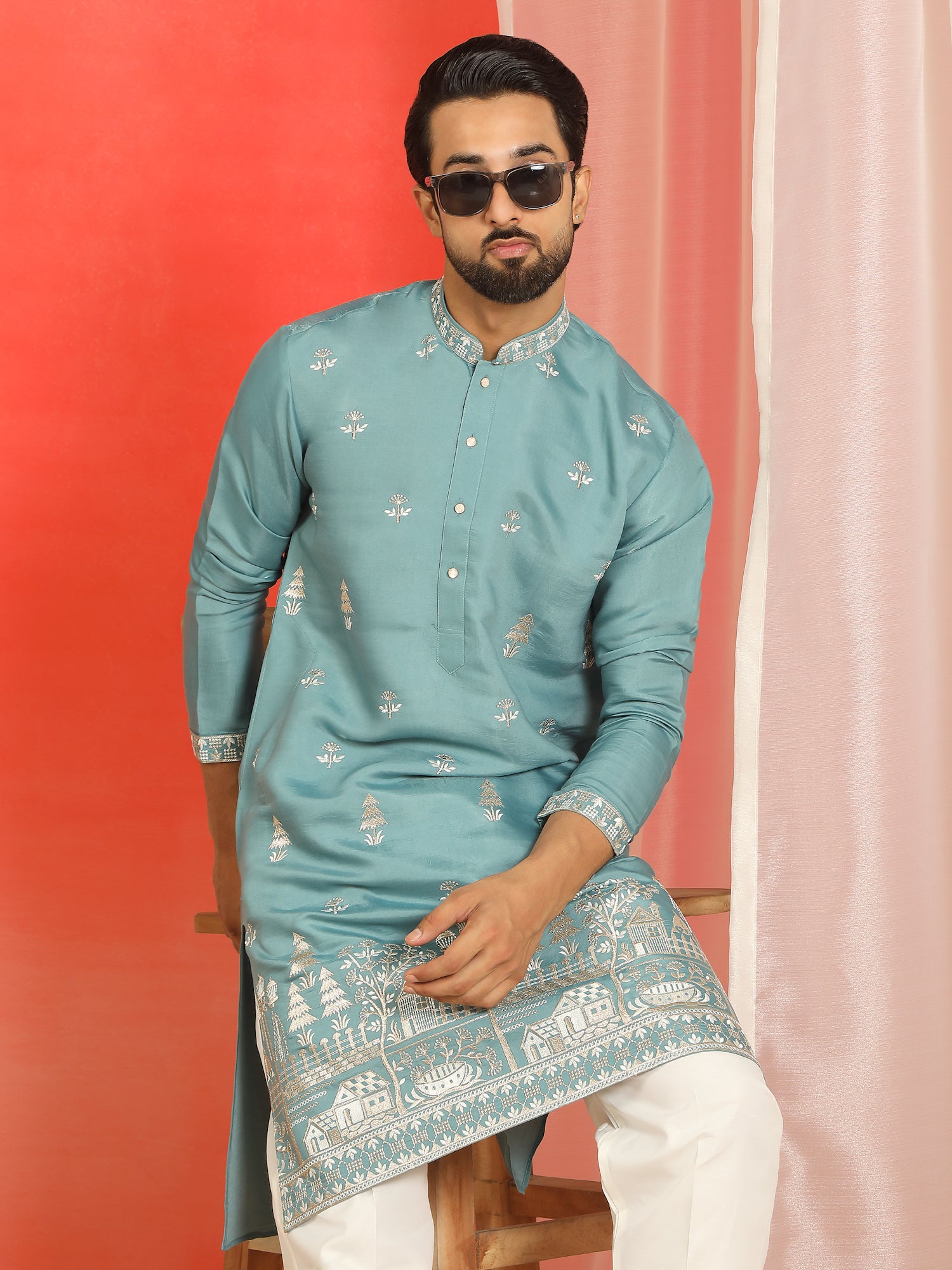 Men Cotton Silk Floral Embroidered Kurta