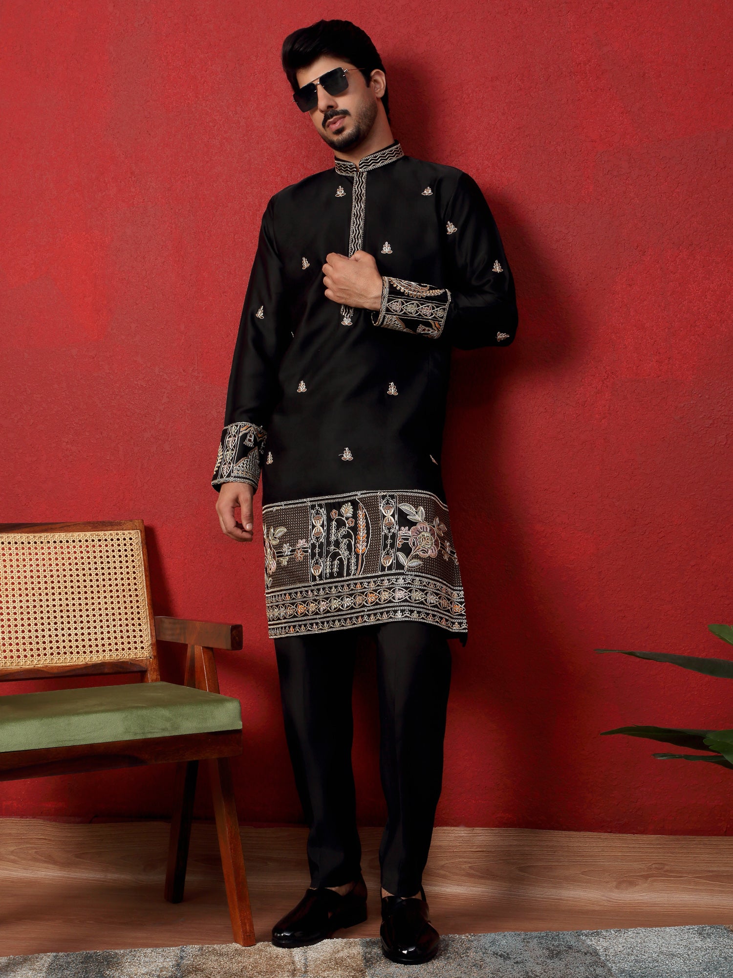 LUXE-Men's Cotton Silk Floral Daman Embroidered Kurta Trouser Pant Set