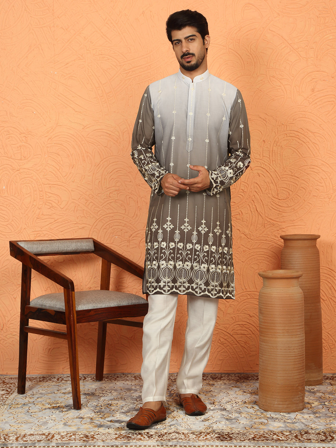 Cotton Silk Ombre Embroidered Daman Work Kurta with Cream Silk Trouser
