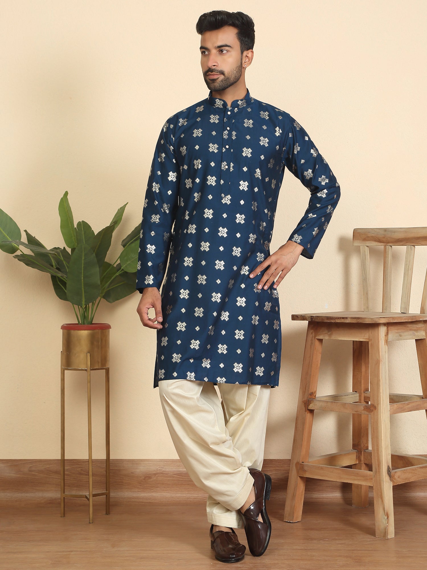 Men’s Cotton Silk Printed Mandarin Collar Kurta with Salwar