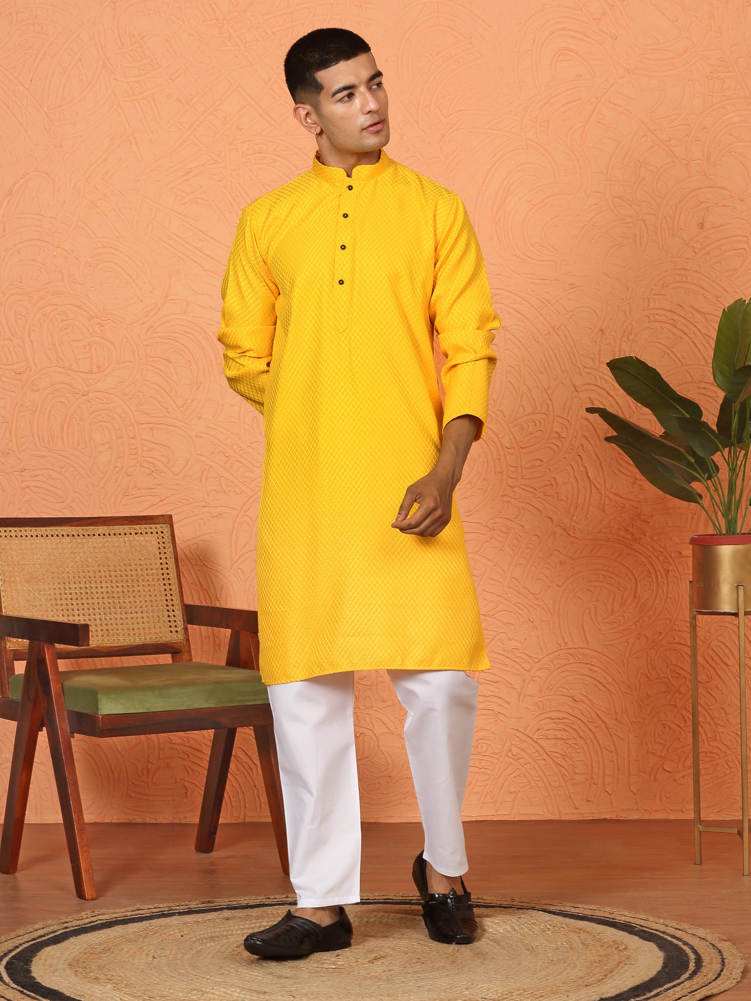 Men's Chikan Embroidered Cotton Rayon Long Kurta With White Pyjama