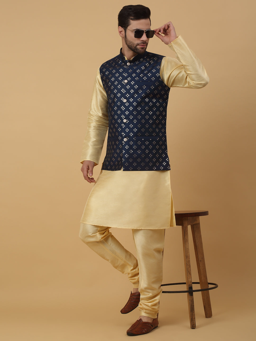 KRAFT INDIA Men's Silk Blend Beige Kurta, Churidar with Cotton Silk Embroided Sequenced Nehru Jacket Set