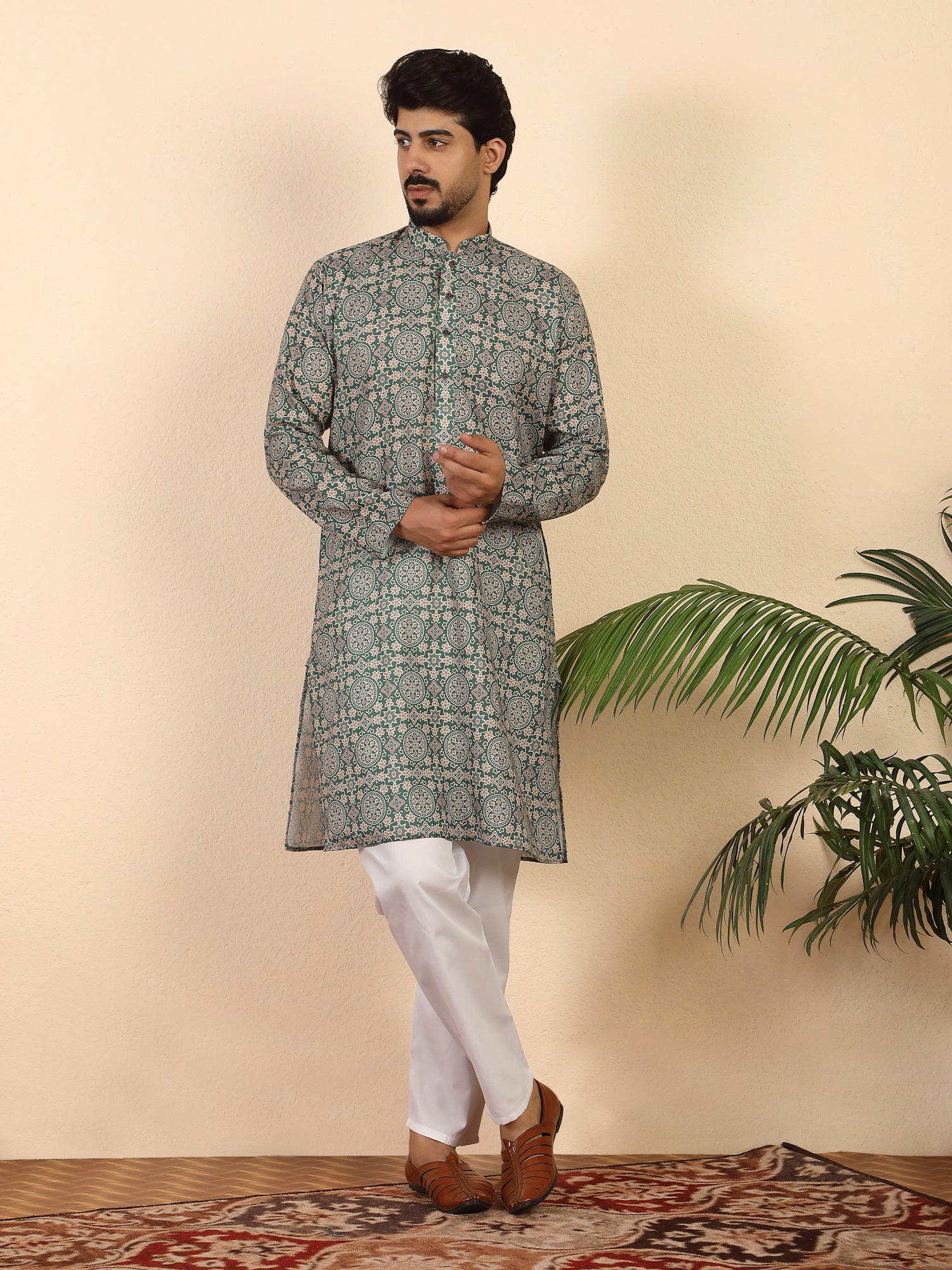 Men's Pure Cotton Jaipuri Print Long Kurta with Mandarin Collar