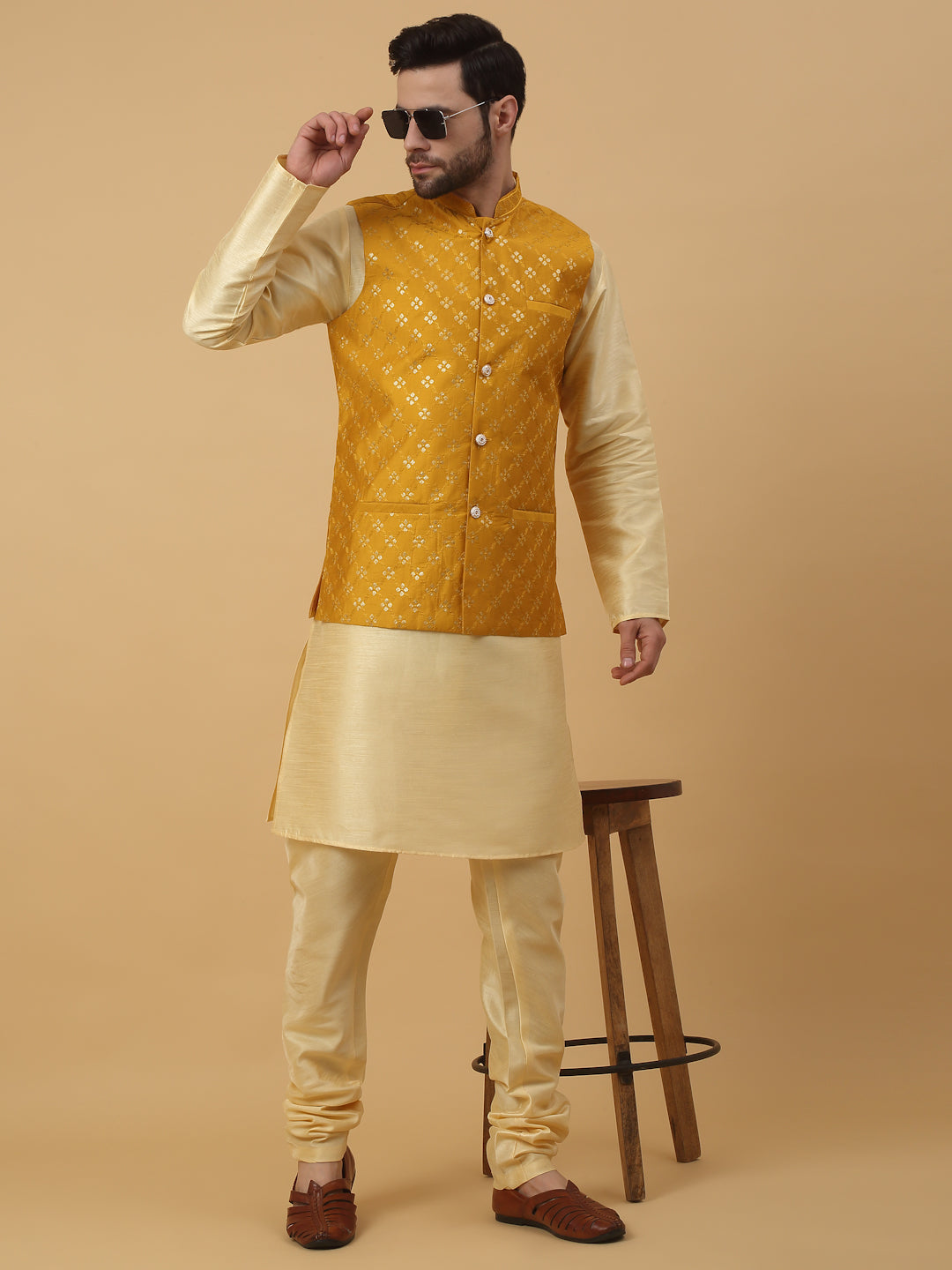 KRAFT INDIA Men's Silk Blend Beige Kurta, Churidar with Cotton Silk Embroided Sequenced Nehru Jacket Set