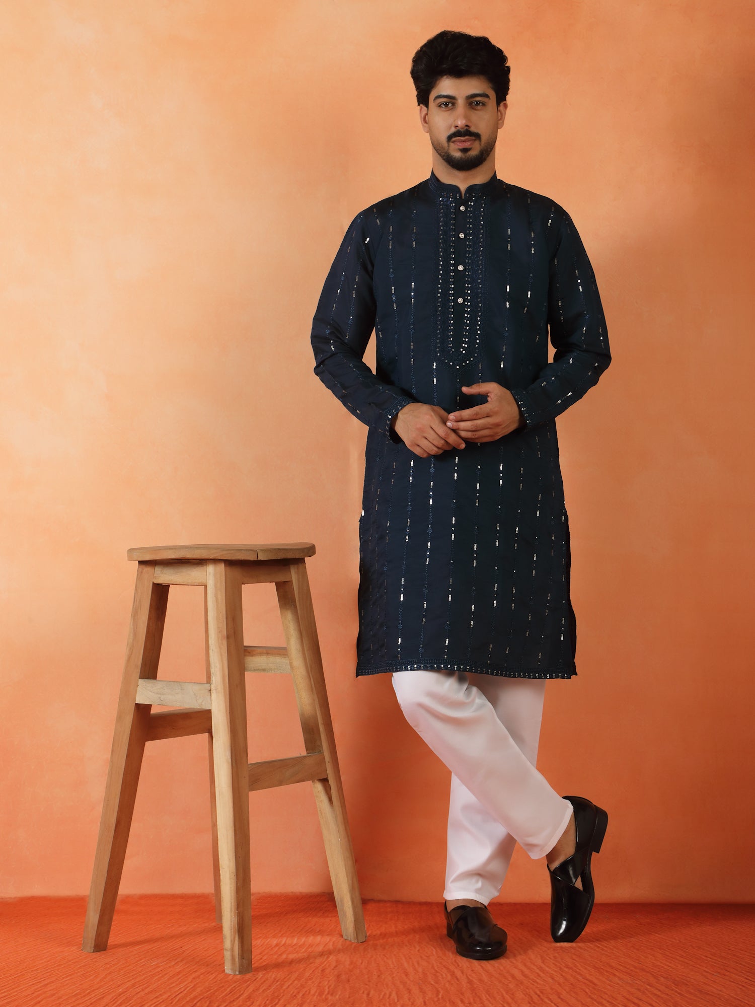 Men's Embroidered & Sequenced Designed Cotton Silk Straight Kurta With Pyjama Set