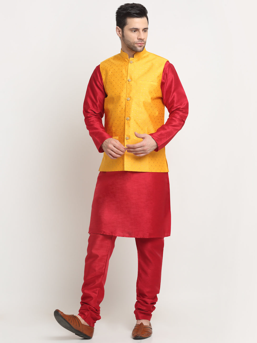 KRAFT INDIA Men's Silk Maroon Kurta Churidar With Polka Dotted Nehru Jacket Set