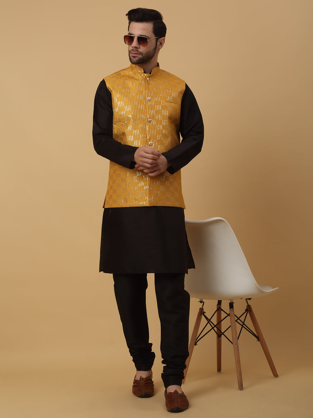 KRAFT INDIA Men's Silk Blend Black Kurta, Churidar With Cotton Silk Sequenced Embroided Nehru Jacket set