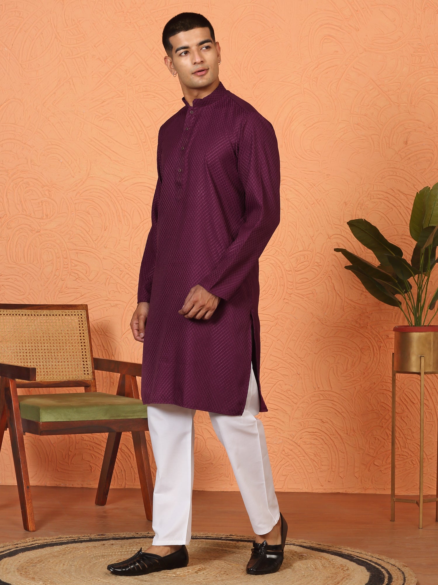Men's Chikan Embroidered Cotton Rayon Long Kurta With White Pyjama