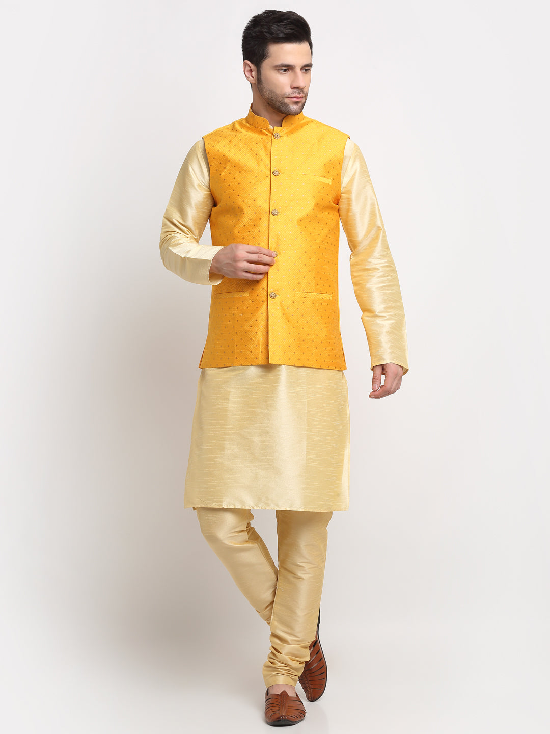 KRAFT INDIA Men's Silk Beige Kurta Churidar With Polka Dotted Nehru Jacket Set