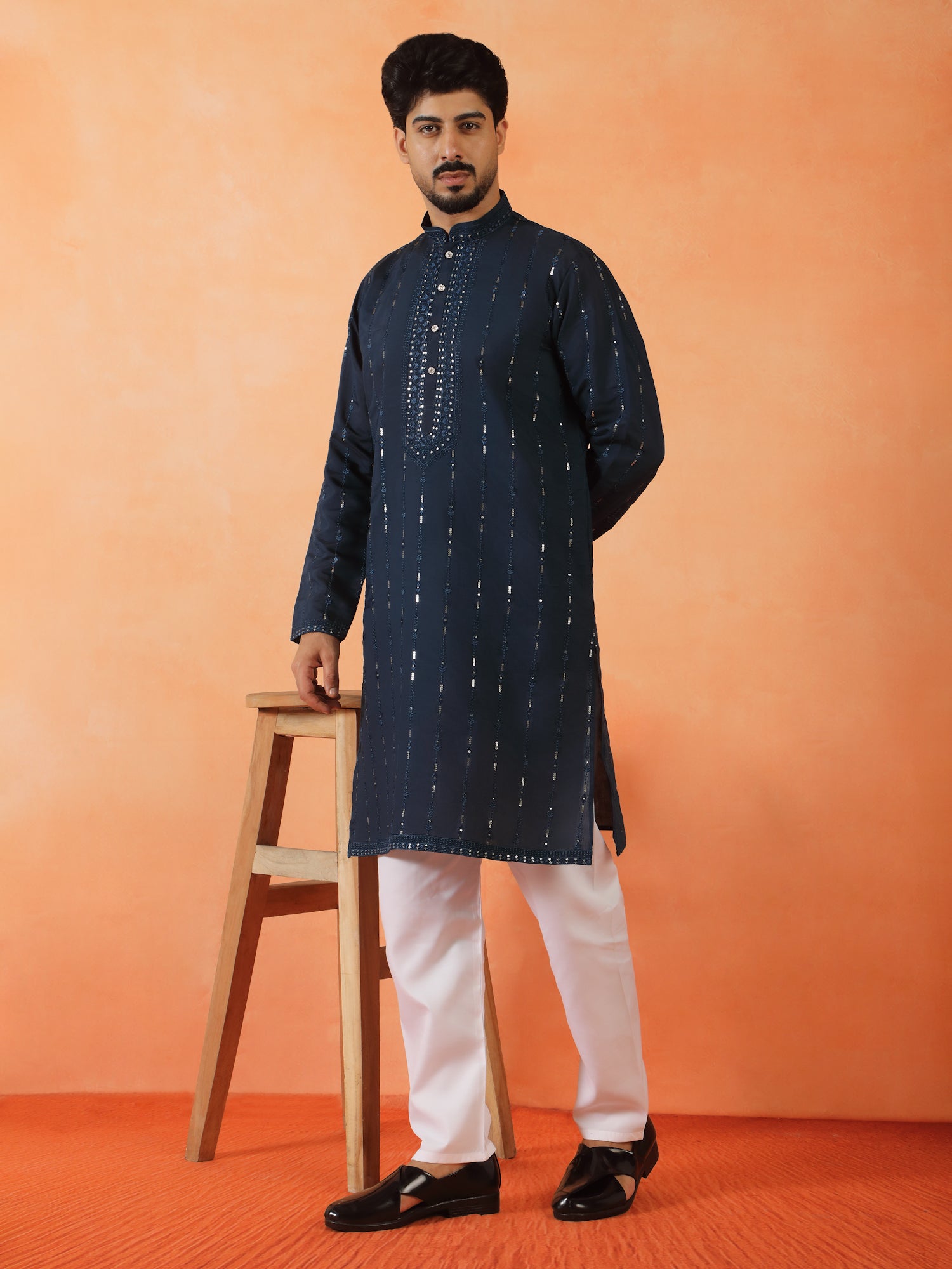 Men's Embroidered & Sequenced Cotton Silk Straight Long Kurta