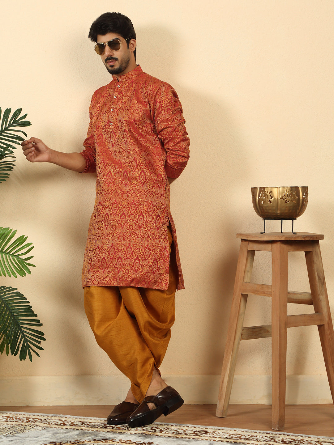 Silk Blend Jacquard Paisley Kurta With Mustard Elastic Waistband Dhoti Set