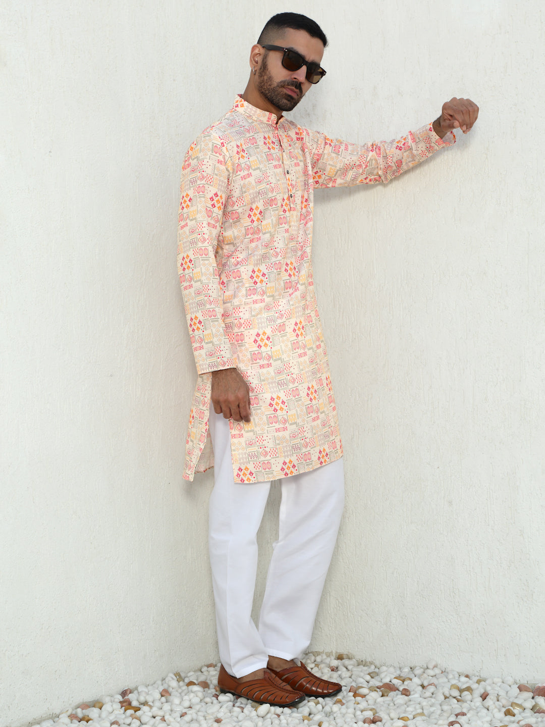Cotton Geometric Printed Straight Kurta and Elastic Waistband Pyjama Set