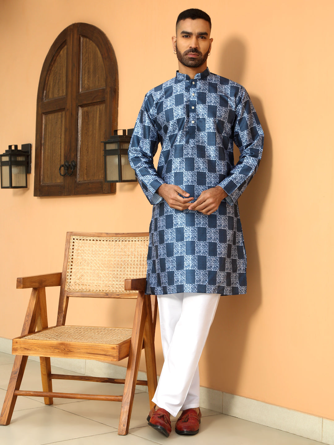 Silk Blend Batik Printed Kurta with white Elastic waistband Pyjama set