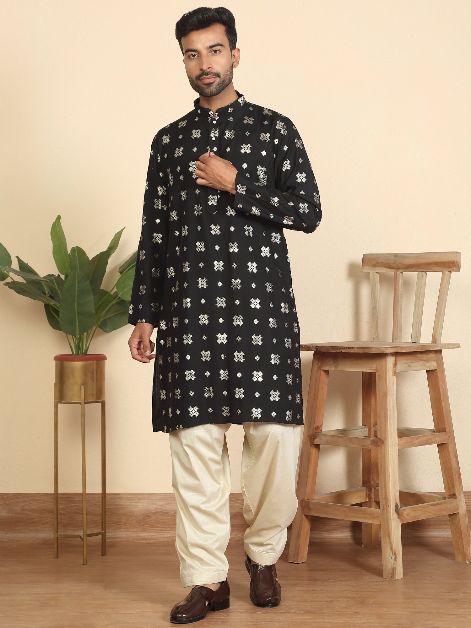 Men’s Cotton Silk Printed Mandarin Collar Kurta with Salwar