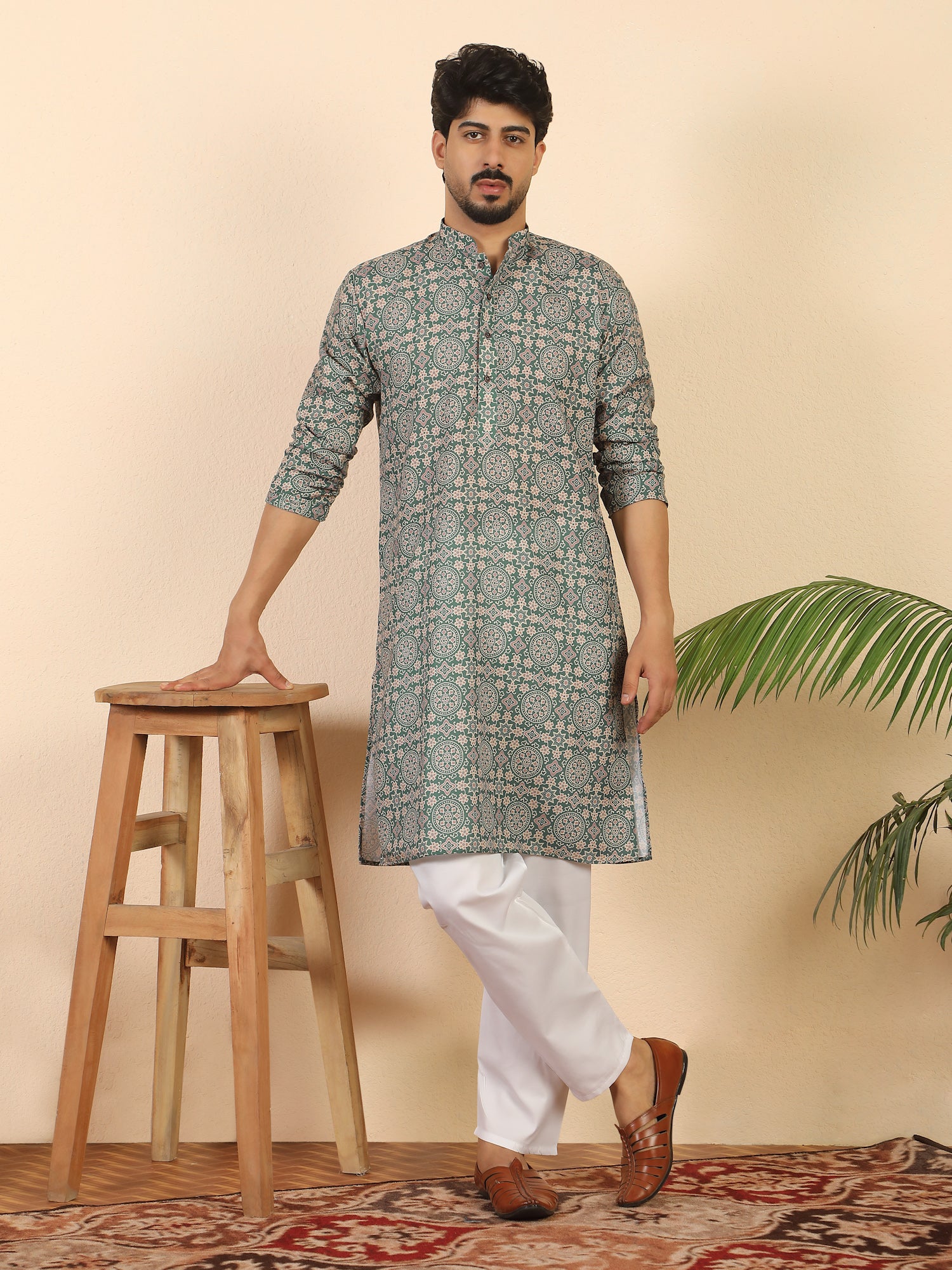 Men's Pure Cotton Jaipuri Print Kurta With Pyjama Set with Mandarin Collar