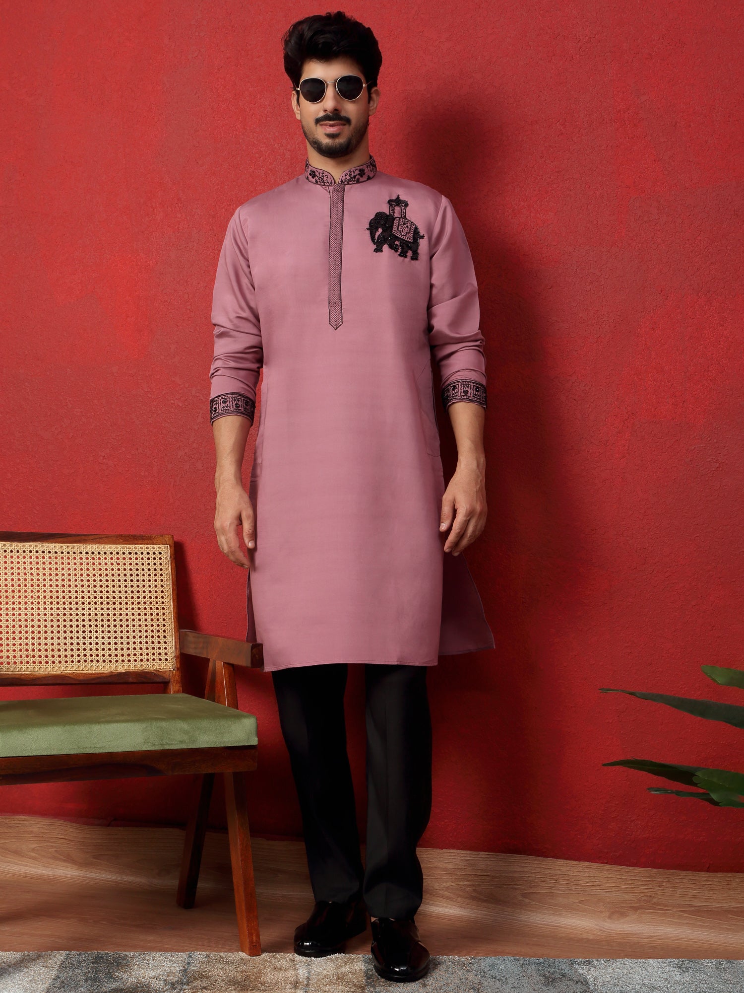 LUXE-Men's Cotton Silk Beads Work Animal Embroidered Kurta