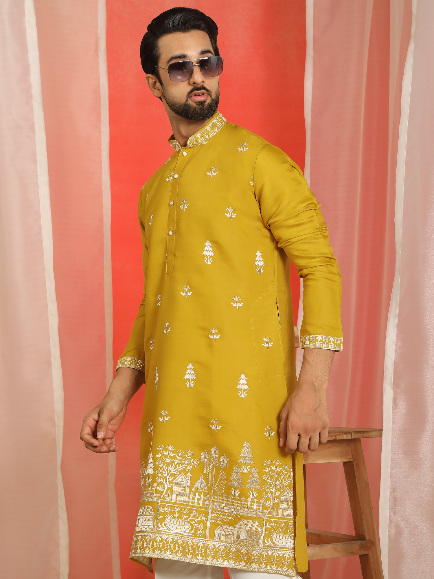 Men Cotton Silk Floral Embroidered Kurta